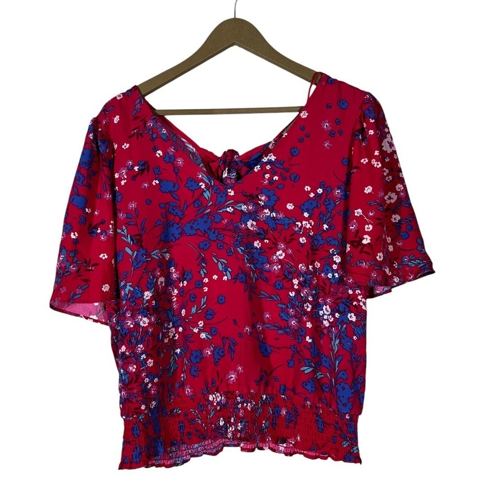 Nine Britton Floral Tie Back Smocked Hem Flutter Sleeve Blouse Red Size L